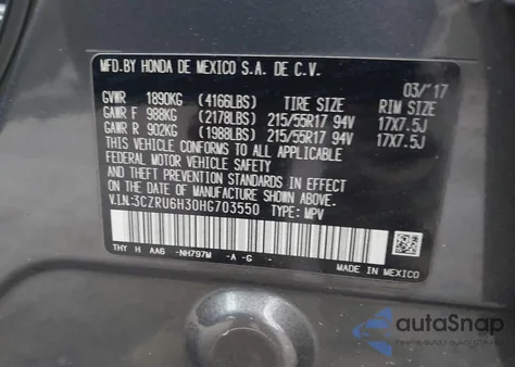 2017 Honda Hr-V Lx из США, поврежденный, VIN 3CZRU6H30HG703550